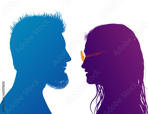 Dialogue and comparison between students. Young people talking. Colored silhouette profiles. Talking crowd.Multiple exposure