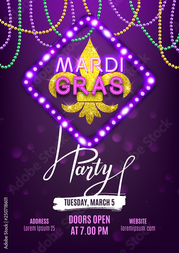 Mardi Gras party carnival banner, decorative beads and shiny gold symbol, vector illustration