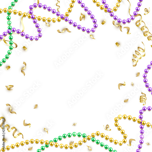 Fototapet Mardi Gras decorative background with colorful traditional beads on white, vecto