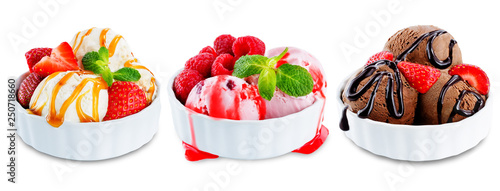 Obraz na plátne Ice cream with berries and mint leaves in a bowl on a white background