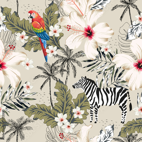 Tropical zebra animal, macaw parrot, hibiscus flowers, palm leaves, trees, beige background. Vector seamless pattern illustration. Summer beach floral design. Exotic jungle plants. Paradise nature