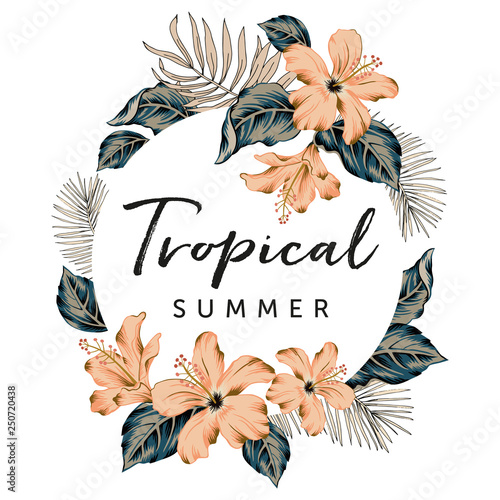 Design frame with peach pink hibiscus flowers, palm leaves, text Tropical summer, white background. T shirt, card, poster template. Vector illustration. Summer beach floral print