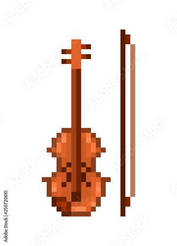 Wooden violin/viola and a bow, 8 bit pixel art classical music instrument isolated on white background.