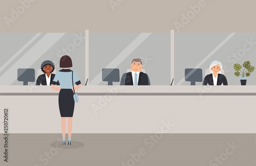 Bank office interior:Bank employees sit behind a barrier with glass and serve the Bank customers.Elegant interior financial institution.Female client stands near the Bank counter. Vector illustration