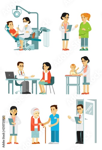 Set of doctors and patients in different situation. Medical staff and illness people in hospital. Consultation, medical diagnosis and treatment. Vector illustration in flat style isolated