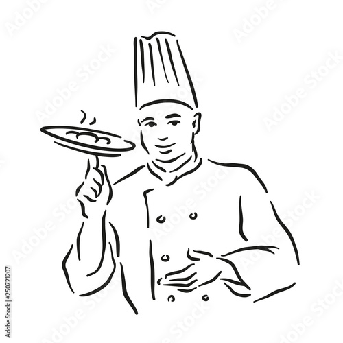 Monochrome vector  illustration of whiskered chef isolated on white background