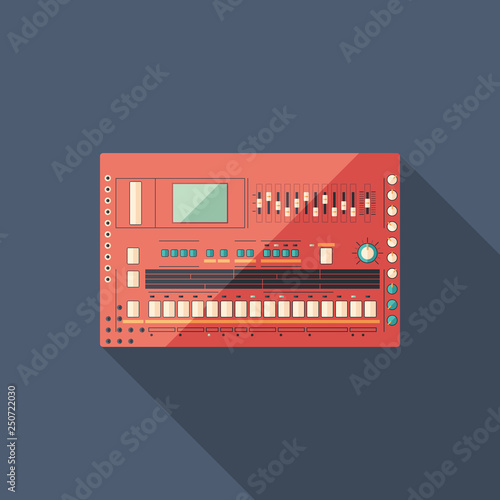 Drum machine flat square icon with long shadows.