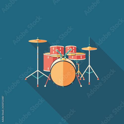 Drum set flat square icon with long shadows.