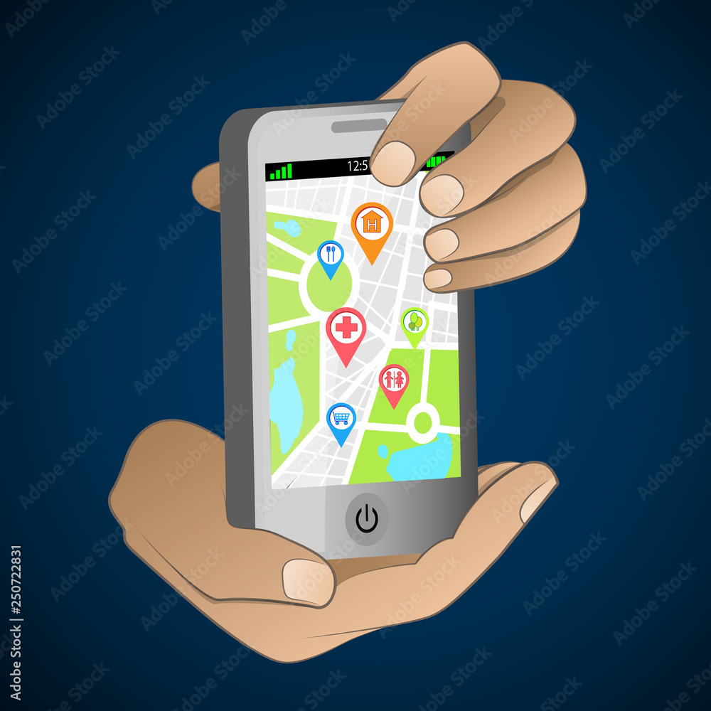 City navigation on your phone, flat design. Mobile gps navigation on mobile phone with map and pin. Pin icons with park, WC, hotel, hospital, shop, cafe. Vector illustration City navigation on your phone, flat design. Mobile gps navigation on mobile phone with map and pin. Pin icons with park, WC, hotel, hospital, shop, cafe. Vector illustration