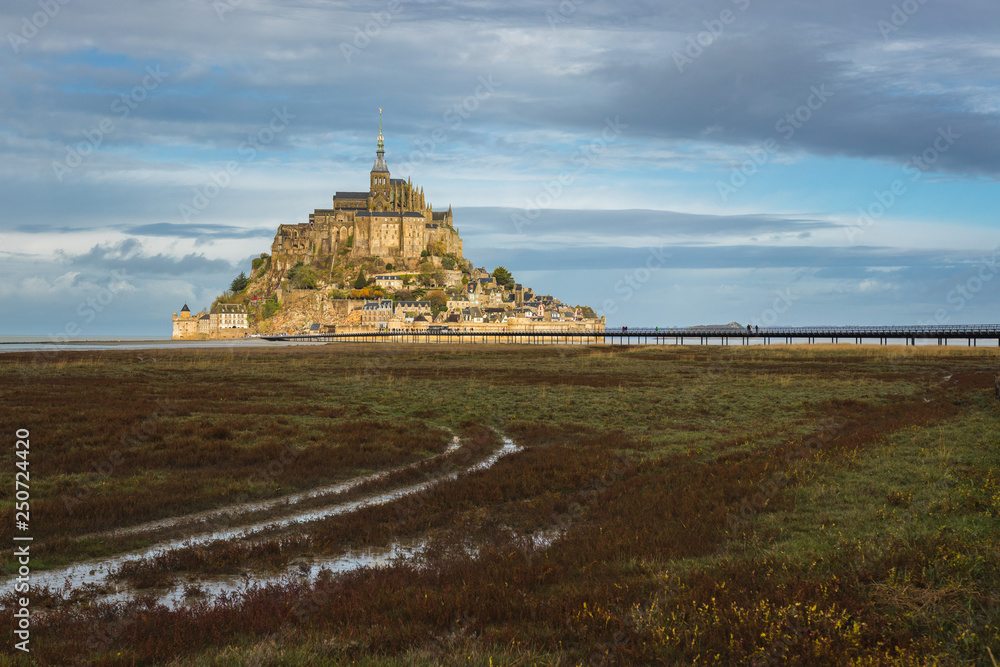 Mont Saint Michel, famous and beautiful Island with historical Abbey, panoramatic view from land over the field, cloudy weather, Normandy, northern France