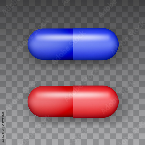 Top view medicaments vector of red and blue oval pill on transparent background.