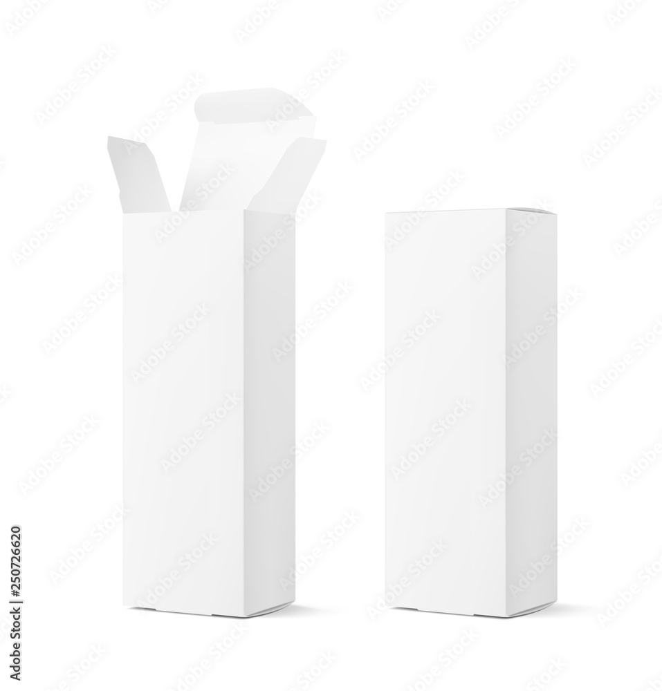 Realistic open and closed cardboard box mockup. Vector illustration isolated on white background. Taking your 2D designs into 3D. Can be use for medicine, food, cosmetic and other. EPS10. Realistic open and closed cardboard box mockup. Vector illustration isolated on white background. Taking your 2D designs into 3D. Can be use for medicine, food, cosmetic and other. EPS10.
