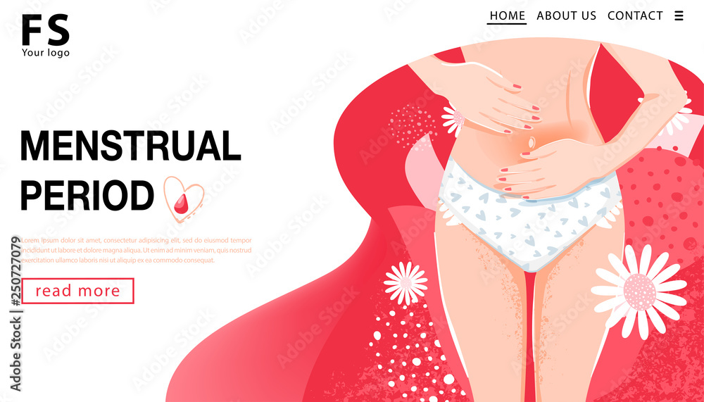 Menstrual period. Landing page template. Womans health concept with woman  body, groin of female and flowers. Vector illustration. Stock Vector