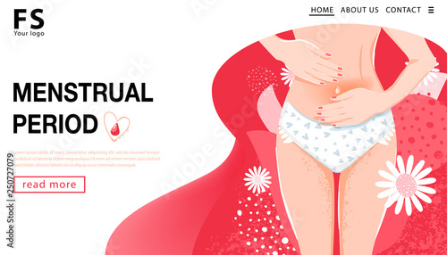 Menstrual period. Landing page template. Womans health concept with woman body, groin of female and flowers. Vector illustration.