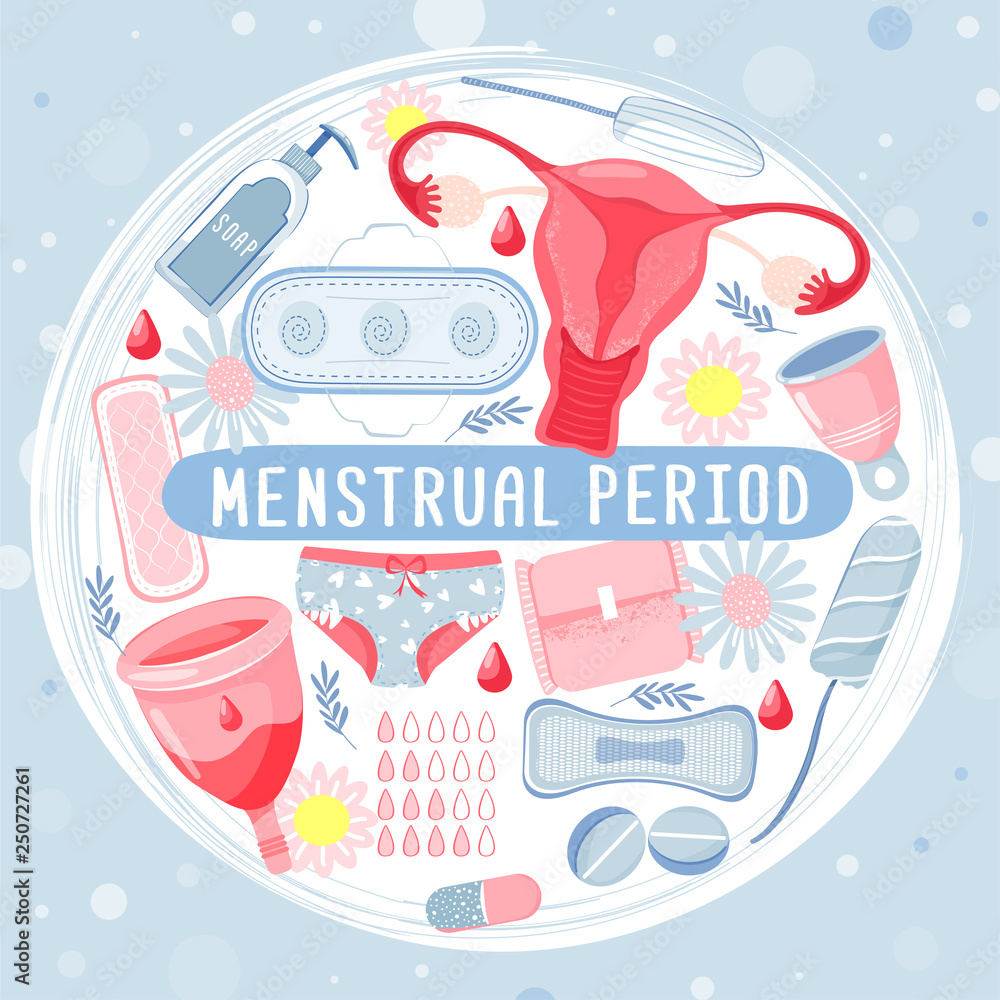 Φωτογραφία Feminine hygiene set in circle shape with menstrual cup, uterus; tampon, soap, panty, sanitary napkin, bllod; chamomile and pills