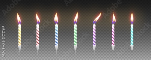 Set of colorful birthday cake candles with burning flames. Vector