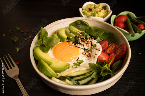 Diet meal with egg and avocado salad. Vegetarian bowl. Healthy lunch or breakfast.
