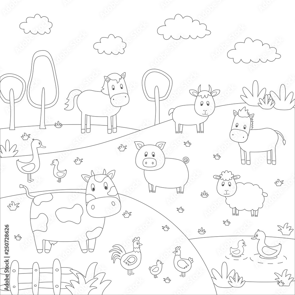Cartoon vector illustration of farm animals group for coloring book.