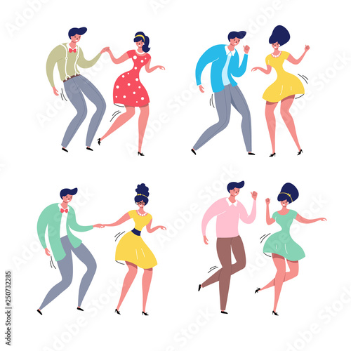 Dancing couple set. Rockabilly dance party. Happy swing dancers vector illustration isolated