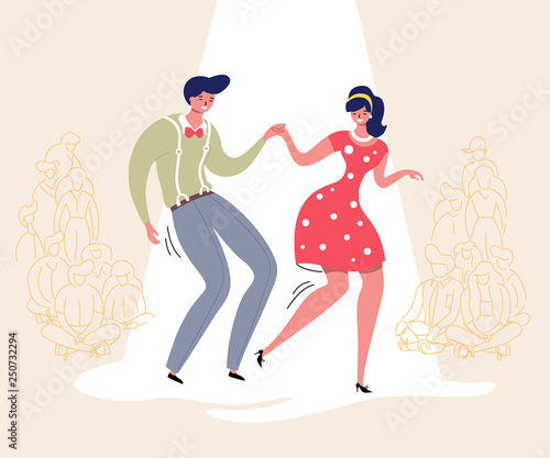 Dancing couple with audience. Rockabilly dance party. Happy swing dancers with viewers vector illustration isolated