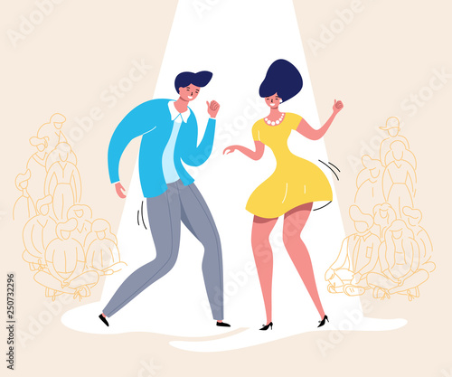 Dancing couple with audience. Rockabilly dance party. Happy swing dancers with viewers vector illustration isolated