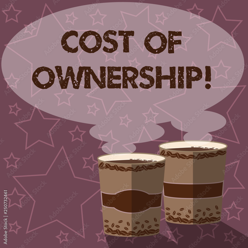 Writing note showing Cost Of Ownership. Business photo showcasing purchase price of asset plus the price of operation Two To Go Cup with Beverage and Steam icon Blank Speech Bubble photo