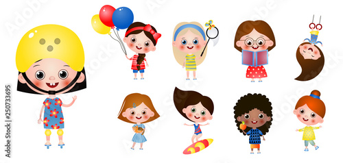Set of interesting time leisure for children. Different female characters isolated on white background