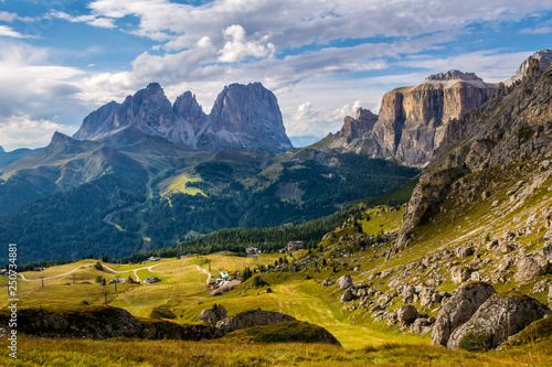 Wonderful landscape of the Dolomites Alps. Majestic Langkofel (Sassolungo) and Sella Ronda. Location: South Tyrol, Dolomites, Italy. Travel in nature. Artistic picture. Beauty world.