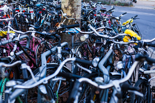 Big bicycle parking with lot of bicycles. Sport concept with bicycle. Pile of bikes in the street