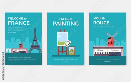 Set of France country ornament travel tour concept. Monument traditional, magazine, book, poster, abstract, element. Vector decorative ethnic greeting card or invitation design background