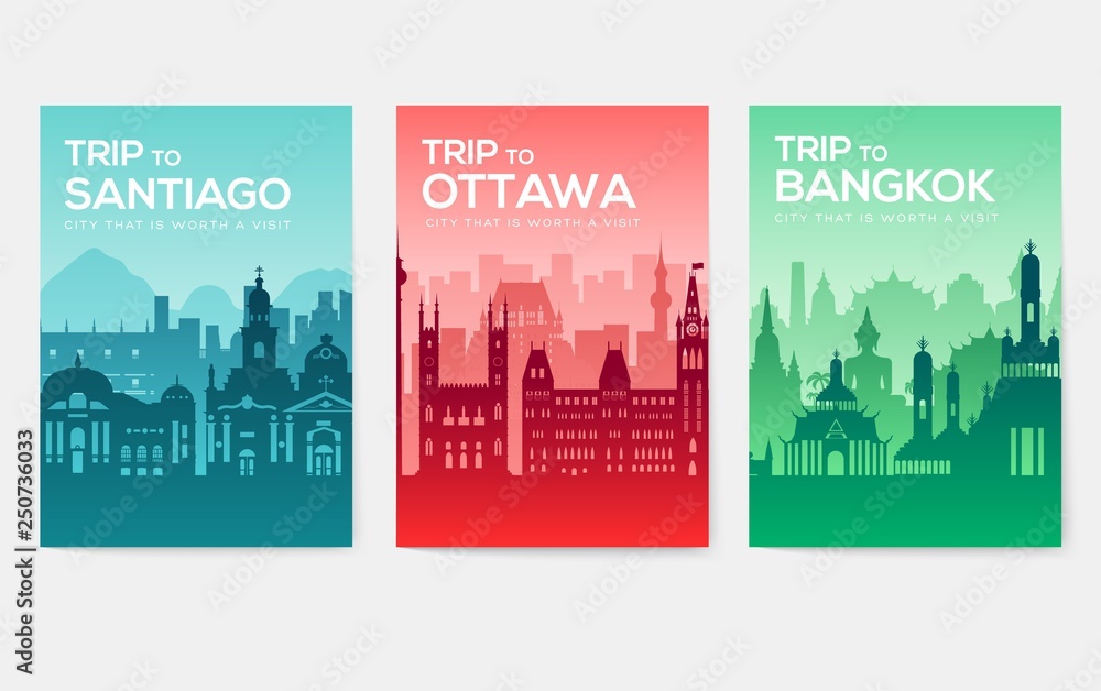 Travel information cards. Landscape template of flyear, magazines, posters, book cover, banners. Country of Chile, Canada, Thailand, Spain, Malaysia, Africa, Asia, Poland, UAE and Jerusalem set