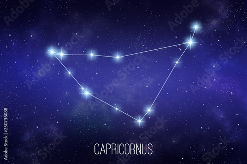 Capricornus zodiac constellation on a starry space background with lettering
