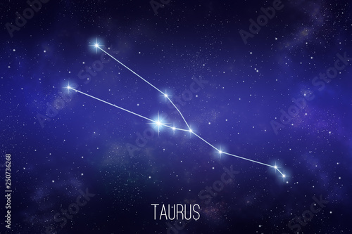 Taurus zodiac constellation on a starry space background with lettering photo