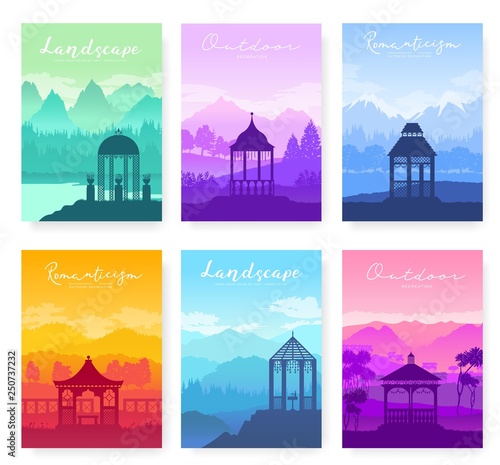 Outdoor gazebo in nature landscape vector brochure cards set. Romantic place on sunrise template of flyer, magazines, poster, books, banners. lifestyle invitation concept. Layout modern page