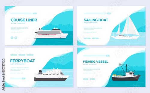 Set of yacht, boat, cargo ship, steamship, ferry, fishing boat, tug, bulk carrier, vessel, pleasure boat, cruise ship. Vector brochure card template of flyear, web banner, ui header, enter site slider