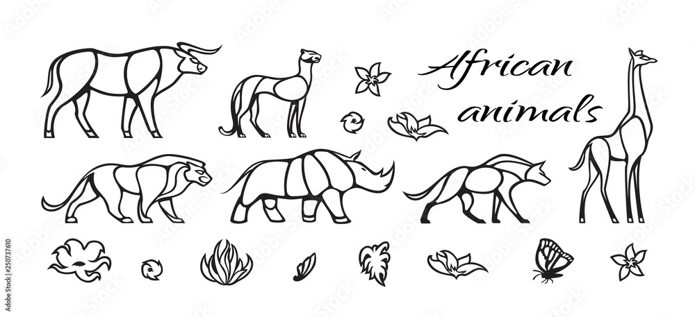 Vector outline set of african animals with lion, buffalo, hyena, giraffe, rhinoceros, cheetah. Black and white illustration isolated on white background Stock Vector | Adobe Stock Vector outline set of african animals with lion, buffalo, hyena, giraffe, rhinoceros, cheetah. Black and white illustration isolated on white background Stock Vector | Adobe Stock