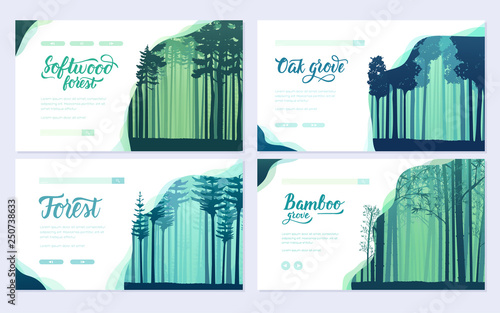 Types of trees from around the world. Beautiful parks from all over the planet. Colorful landscape forests trees. Set of ecology branch flyers design concept
