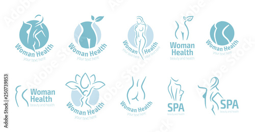 Women fitness logo icon. Sports, health, spa, yoga, beauty vector logo. Woman silhouette logo. Diet logo. Spa salon logo