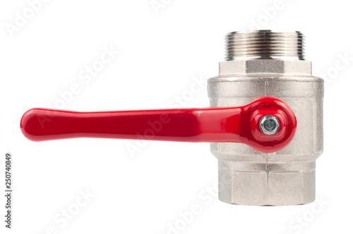 Ball water valve for plumbing with red handle, isolated on white background