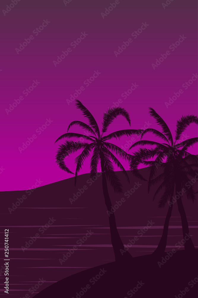 Tropical landscape. Summer background. Palm trees silhouette. Vector illustration