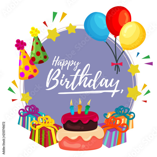 colorful happy birthday round card with hat balloon tart