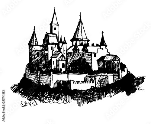 Authentic Castle tower hand drawn vector silhouette illustration
