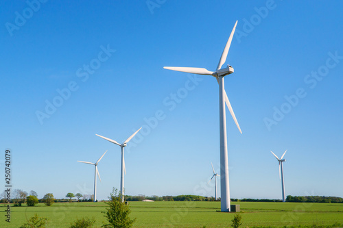 Windmills, Many wind turbines standing on field with lush green grass in spring, alternative energy sources.