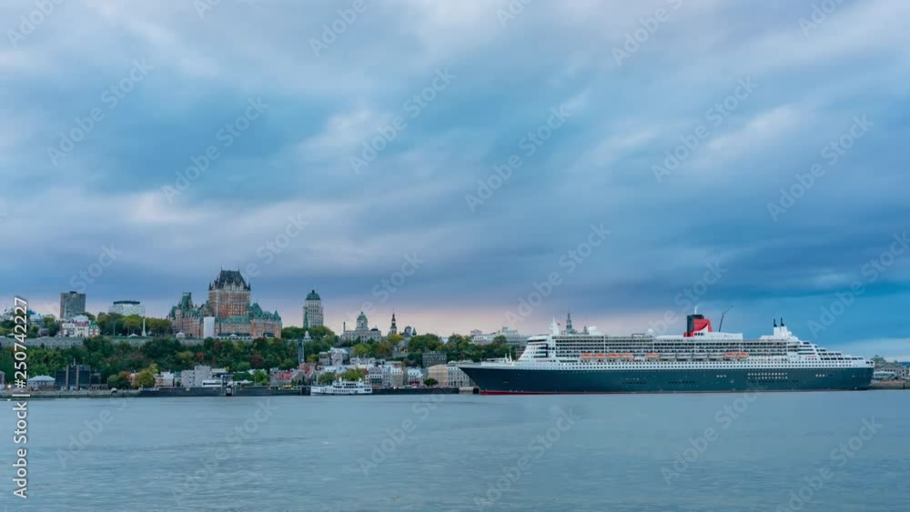 Sunset to night timelapse of the Quebec city skyline with Fairmont Le Château Frontenac, Queen Mary 2 Sunset to night timelapse of the Quebec city skyline with Fairmont Le Château Frontenac, Queen Mary 2