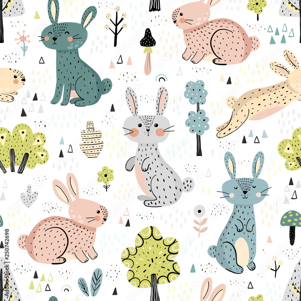 Rabbits in the woods cute seamless pattern in Scandinavian style. Great for kids apparel, textile, fabric, wrapping paper, nursery decoration. Vector illustration Rabbits in the woods cute seamless pattern in Scandinavian style. Great for kids apparel, textile, fabric, wrapping paper, nursery decoration. Vector illustration