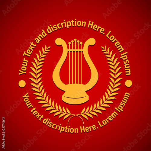 Vector illustration concept of philharmonic logo with lyre. Gold on red background