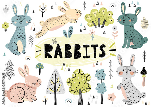 Cute rabbits, trees, plants and other hand drawn elements in Scandinavian style. Vector illustration