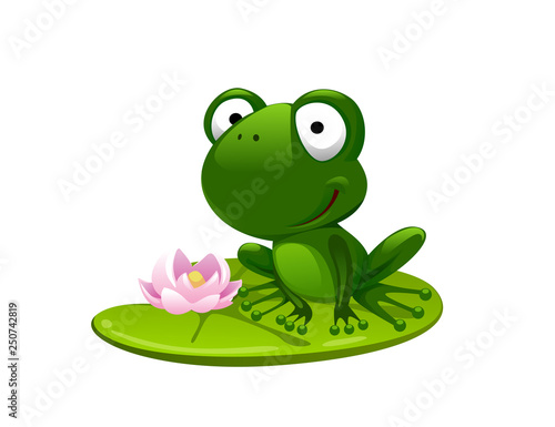 green cartoon frog sitting on a sheet of water Lily