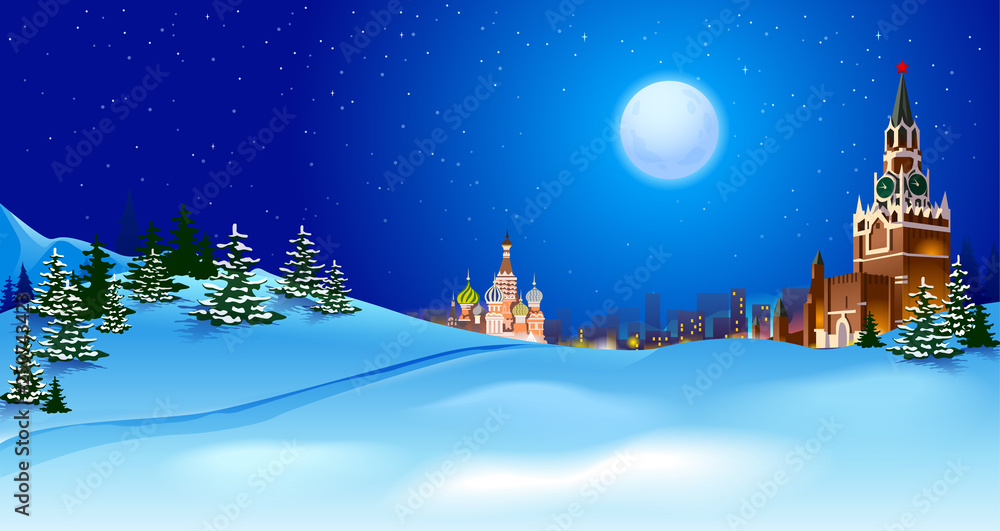 Vector realistic Kremlin in Moscow, night snowy landscape, panorama. Full moon with stars in Moscow