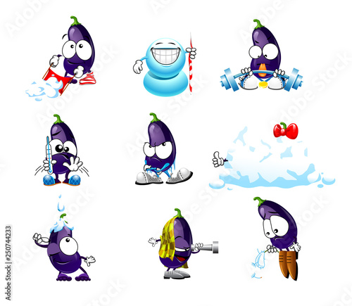 vector set of funny cartoon cute eggplant smiles 